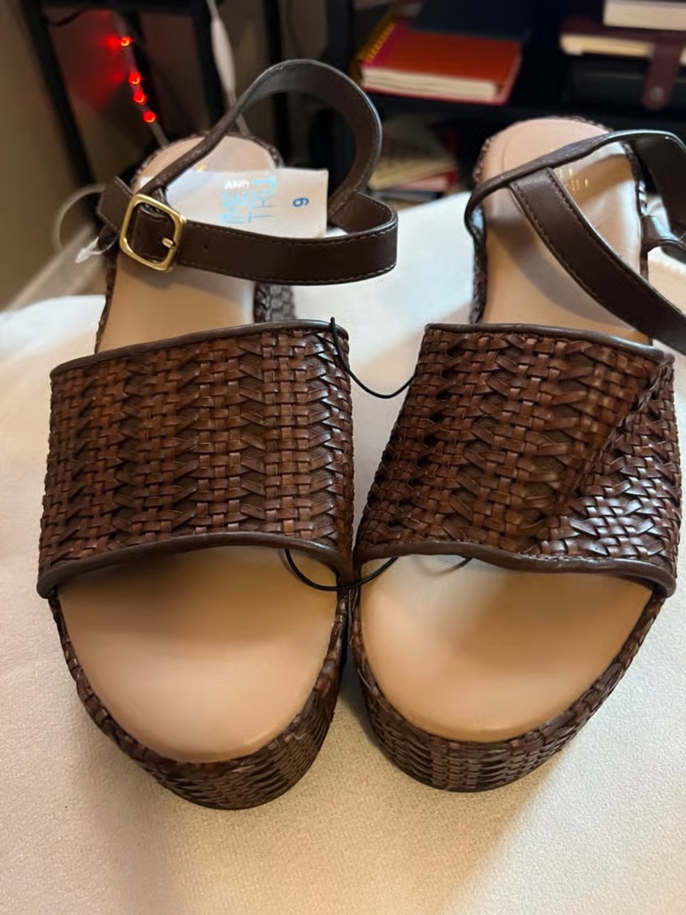 Time and Tru Brown Woven Platform Sandals with Ankle Strap